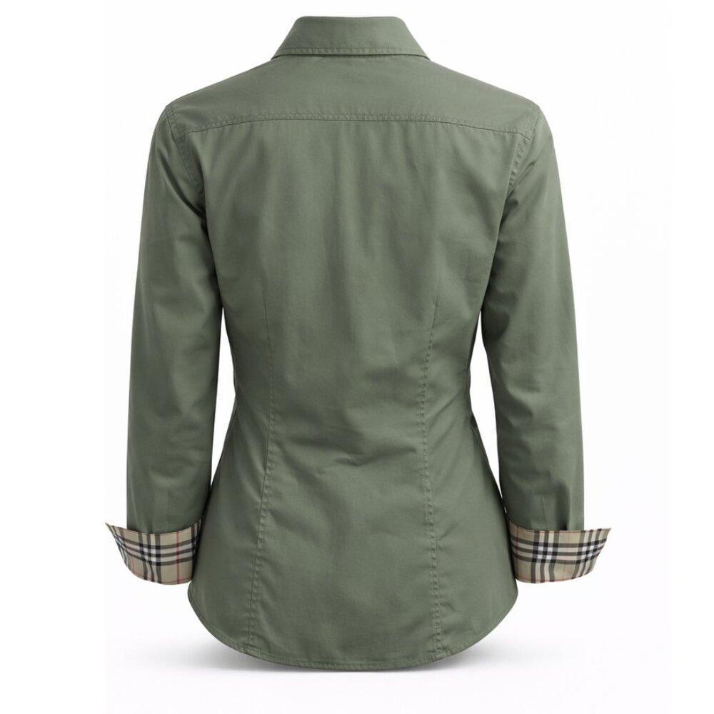 Burberry Army Green Button Down Shirt with Nova Check Trim - Picture 9 of 16